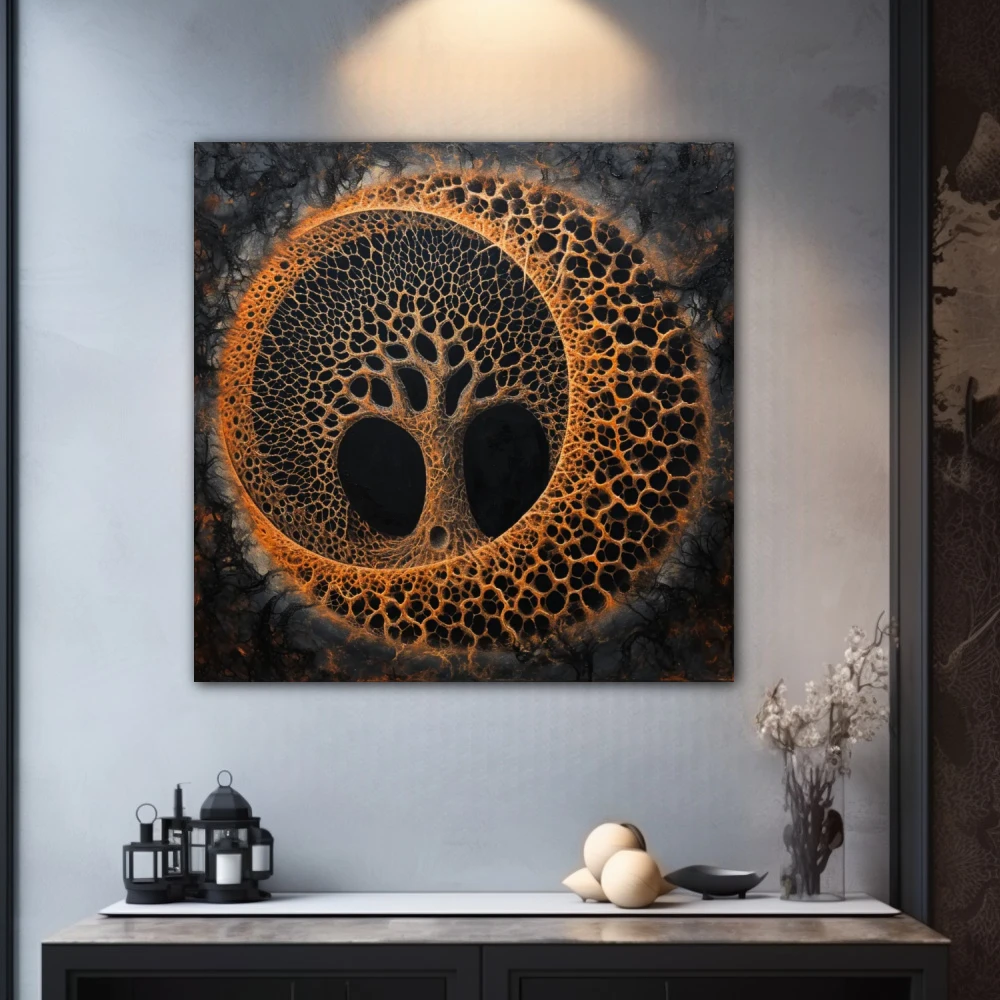 Cuadro vórtice ancestral en formato cuadrado con colores naranja, negro; decorando pared gris