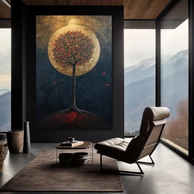 Wall Art titled: Oasis of Nocturnal Dreams in a  format with: Golden, Black, and Red Colors; Decoration the Black Walls wall