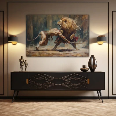 Wall Art titled: The Roar of Courage in a  format with: Golden, Brown, and Beige Colors; Decoration the Sideboard wall