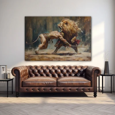 Wall Art titled: The Roar of Courage in a Horizontal format with: Golden, Brown, and Beige Colors; Decoration the Above Couch wall