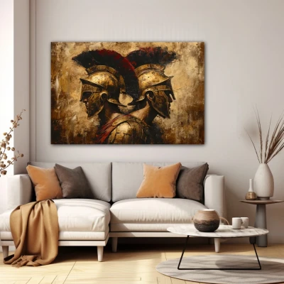 Wall Art titled: Duo of Titans in a  format with: Golden, Brown, and Red Colors; Decoration the White Wall wall