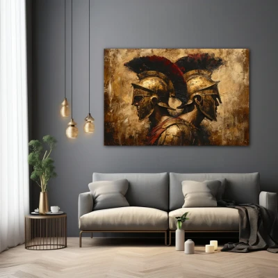 Wall Art titled: Duo of Titans in a  format with: Golden, Brown, and Red Colors; Decoration the Grey Walls wall