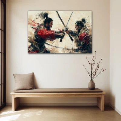 Cuadro el amago mortal en formato horizontal con colores gris, rojo, beige; decorando pared beige