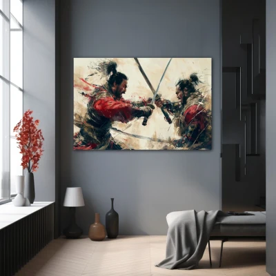 Cuadro el amago mortal en formato horizontal con colores gris, rojo, beige; decorando pared gris