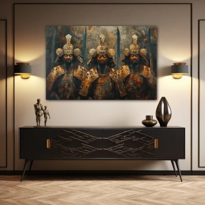 Wall Art titled: Trio of Warrior Spirits in a  format with: Golden, and Brown Colors; Decoration the Sideboard wall