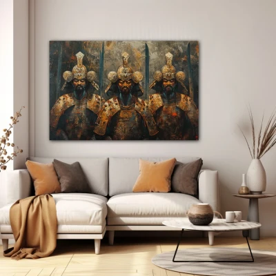 Wall Art titled: Trio of Warrior Spirits in a  format with: Golden, and Brown Colors; Decoration the White Wall wall