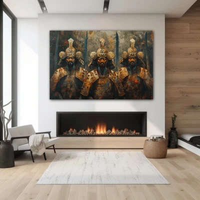 Wall Art titled: Trio of Warrior Spirits in a  format with: Golden, and Brown Colors; Decoration the Fireplace wall