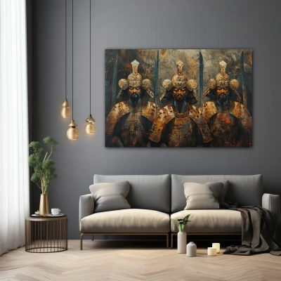 Wall Art titled: Trio of Warrior Spirits in a Horizontal format with: Golden, and Brown Colors; Decoration the Grey Walls wall Wall Art titled: Trio of Warrior Spirits in a Horizontal format with: Golden, and Brown Colors; Decoration the Grey Walls wall