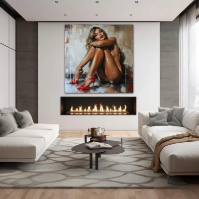 Wall Art titled: Heels of Seduction in a  format with: Brown, and Red Colors; Decoration the Fireplace wall