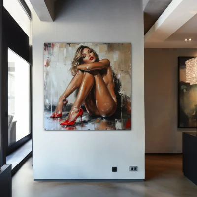 Wall Art titled: Heels of Seduction in a Square format with: Brown, and Red Colors; Decoration the Entryway wall