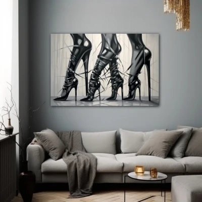 Wall Art titled: Heels and Leather in a Horizontal format with: Black and White, and Monochromatic Colors; Decoration the Grey Walls wall