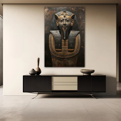 Wall Art titled: Vigil of Eternity in a  format with: Golden, Brown, and Black Colors; Decoration the Sideboard wall