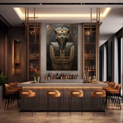 Wall Art titled: Vigil of Eternity in a Vertical format with: Golden, Brown, and Black Colors; Decoration the Bar wall