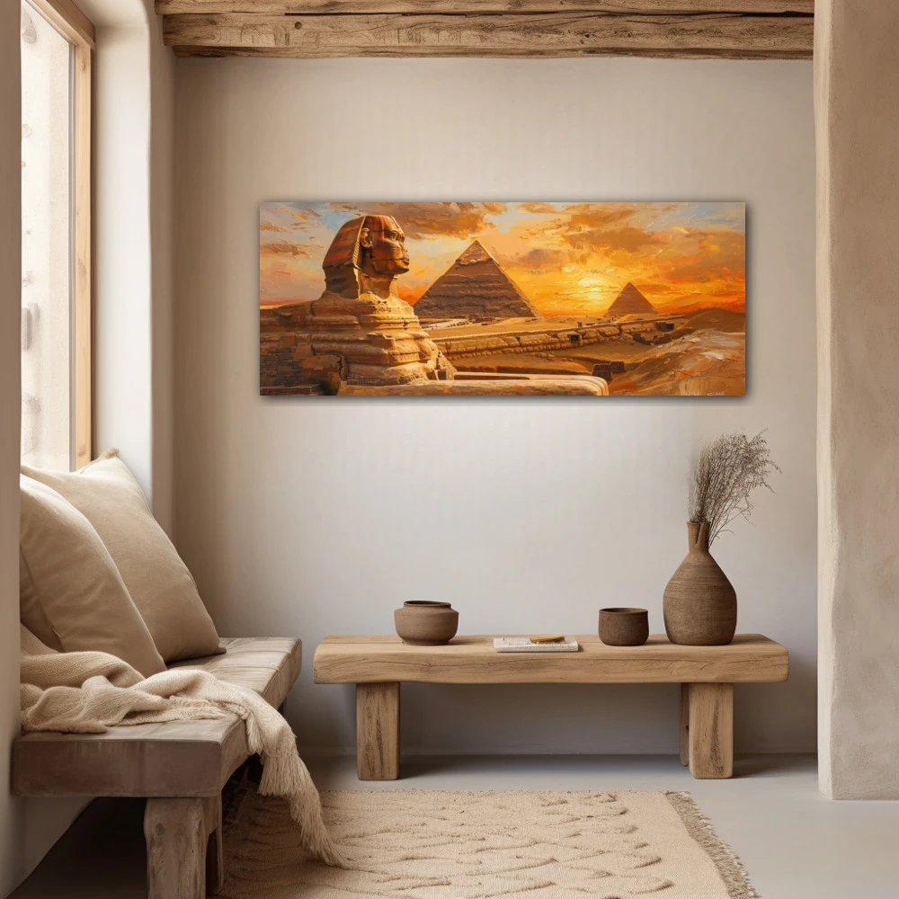 Wall Art titled: The Contemplative Sphinx in a Elongated format with: Brown, Orange, and Monochromatic Colors; Decoration the Beige Wall wall