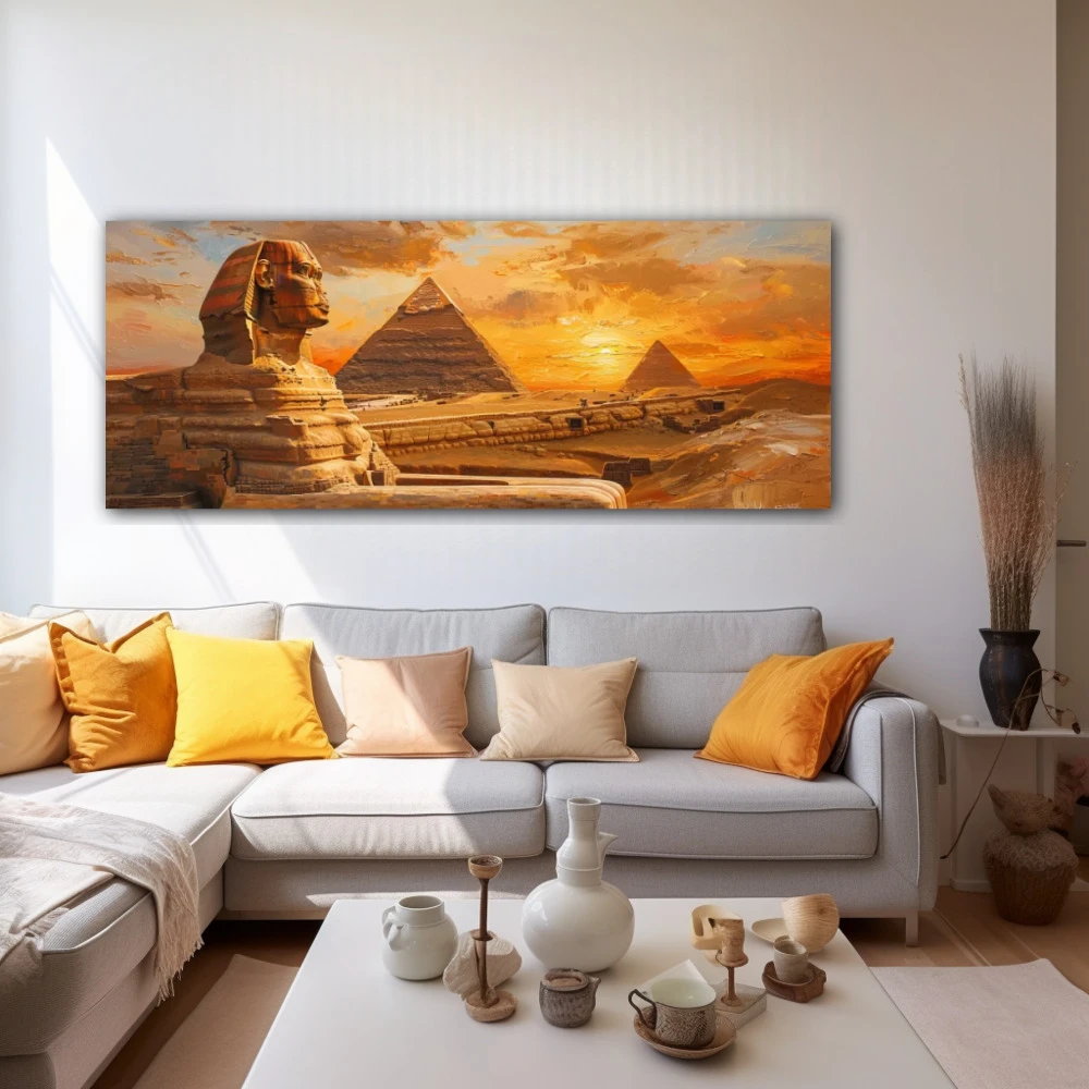 Wall Art titled: The Contemplative Sphinx in a Elongated format with: Brown, Orange, and Monochromatic Colors; Decoration the White Wall wall