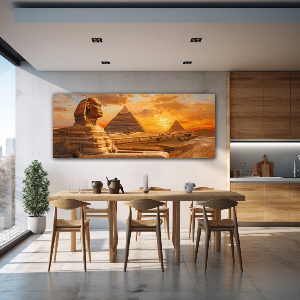 Wall Art titled: The Contemplative Sphinx in a Elongated format with: Brown, Orange, and Monochromatic Colors; Decoration the Kitchen wall