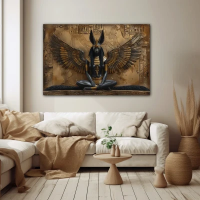 Wall Art titled: Silence of Anubis in a format with: Golden, Brown, and Black Colors; Decoration the Beige Wall wall Wall Art titled: Silence of Anubis in a format with: Golden, Brown, and Black Colors; Decoration the Beige Wall wall