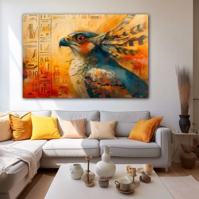 Cuadro vuelo del ocaso divino en formato horizontal con colores naranja; decorando pared blanca