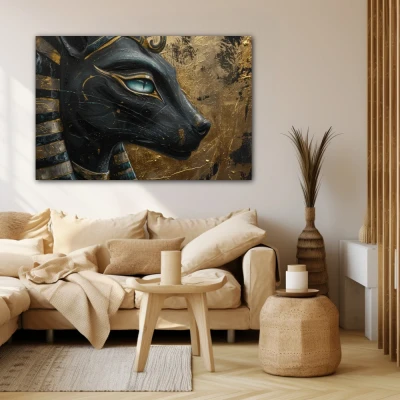 Wall Art titled: Portrait of Bastet in a  format with: Sky blue, Golden, and Black Colors; Decoration the Beige Wall wall