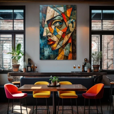 Wall Art titled: Fragments of the Essence in a Vertical format with: Blue, Sky blue, and Orange Colors; Decoration the Bar wall