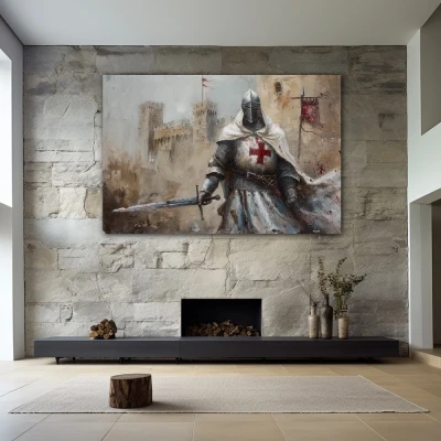 Cuadro acero y credo en formato horizontal con colores gris, marrón, rojo; decorando pared piedra