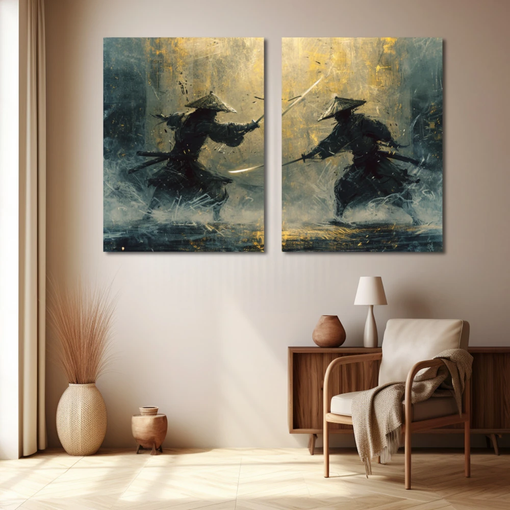 Cuadro crepúsculo samurai en formato díptico con colores amarillo, azul; decorando pared beige