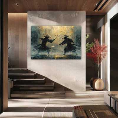 Wall Art titled: Samurai Twilight in a  format with: Yellow, and Blue Colors; Decoration the Staircase wall