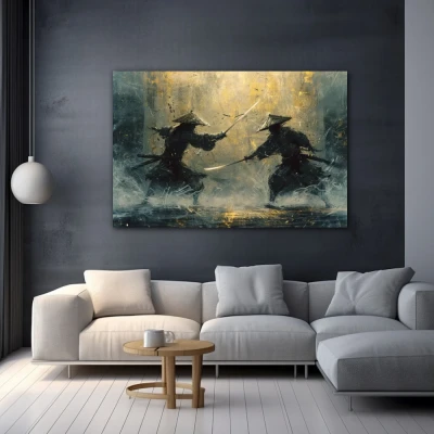 Wall Art titled: Samurai Twilight in a  format with: Yellow, and Blue Colors; Decoration the Grey Walls wall