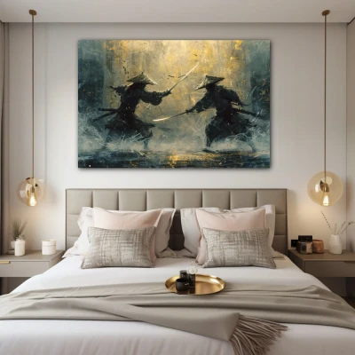 Wall Art titled: Samurai Twilight in a  format with: Yellow, and Blue Colors; Decoration the Bedroom wall