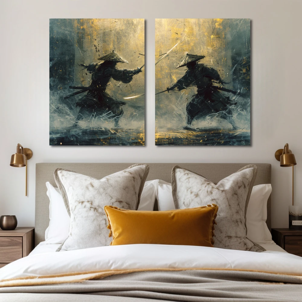 Cuadro crepúsculo samurai en formato díptico con colores amarillo, azul; decorando pared de habitación dormitorio