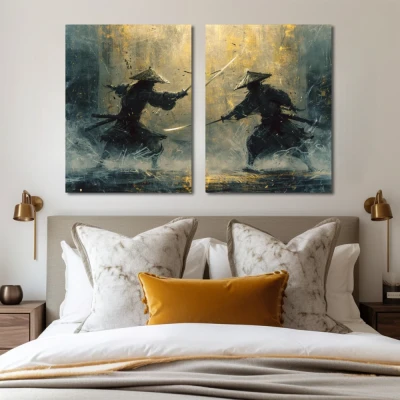 Cuadro Crepúsculo Samurai en formato díptico con colores Amarillo, Azul; Decorando pared de Habitación dormitorio