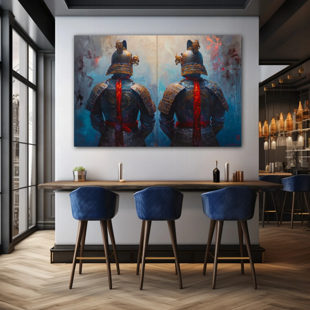 Wall Art titled: Eternal Guardians in a Horizontal format with: Blue, Sky blue, and Red Colors; Decoration the Bar wall