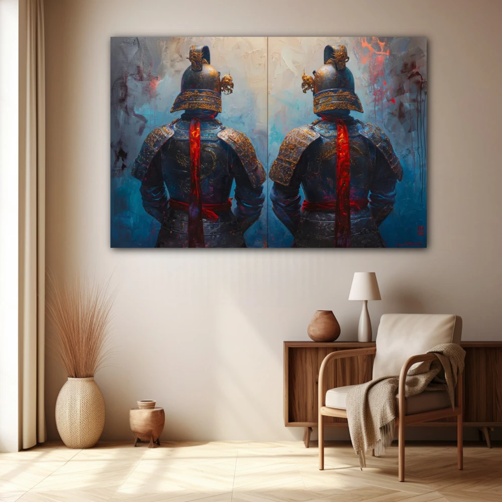 Wall Art titled: Eternal Guardians in a Horizontal format with: Blue, Sky blue, and Red Colors; Decoration the Beige Wall wall