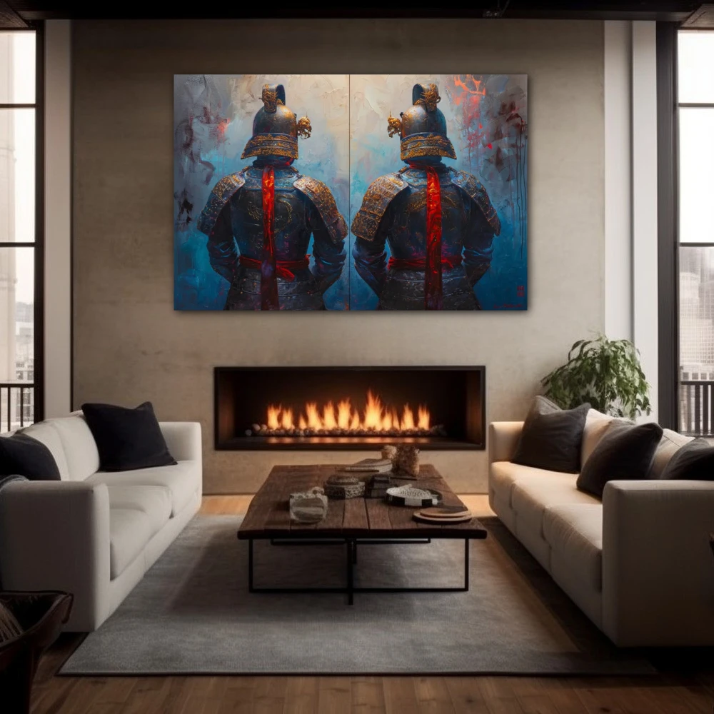 Wall Art titled: Eternal Guardians in a Horizontal format with: Blue, Sky blue, and Red Colors; Decoration the Fireplace wall