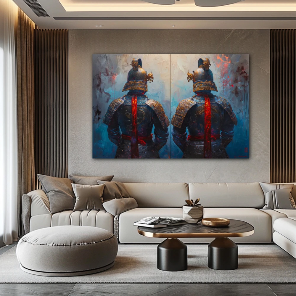 Wall Art titled: Eternal Guardians in a Horizontal format with: Blue, Sky blue, and Red Colors; Decoration the Above Couch wall