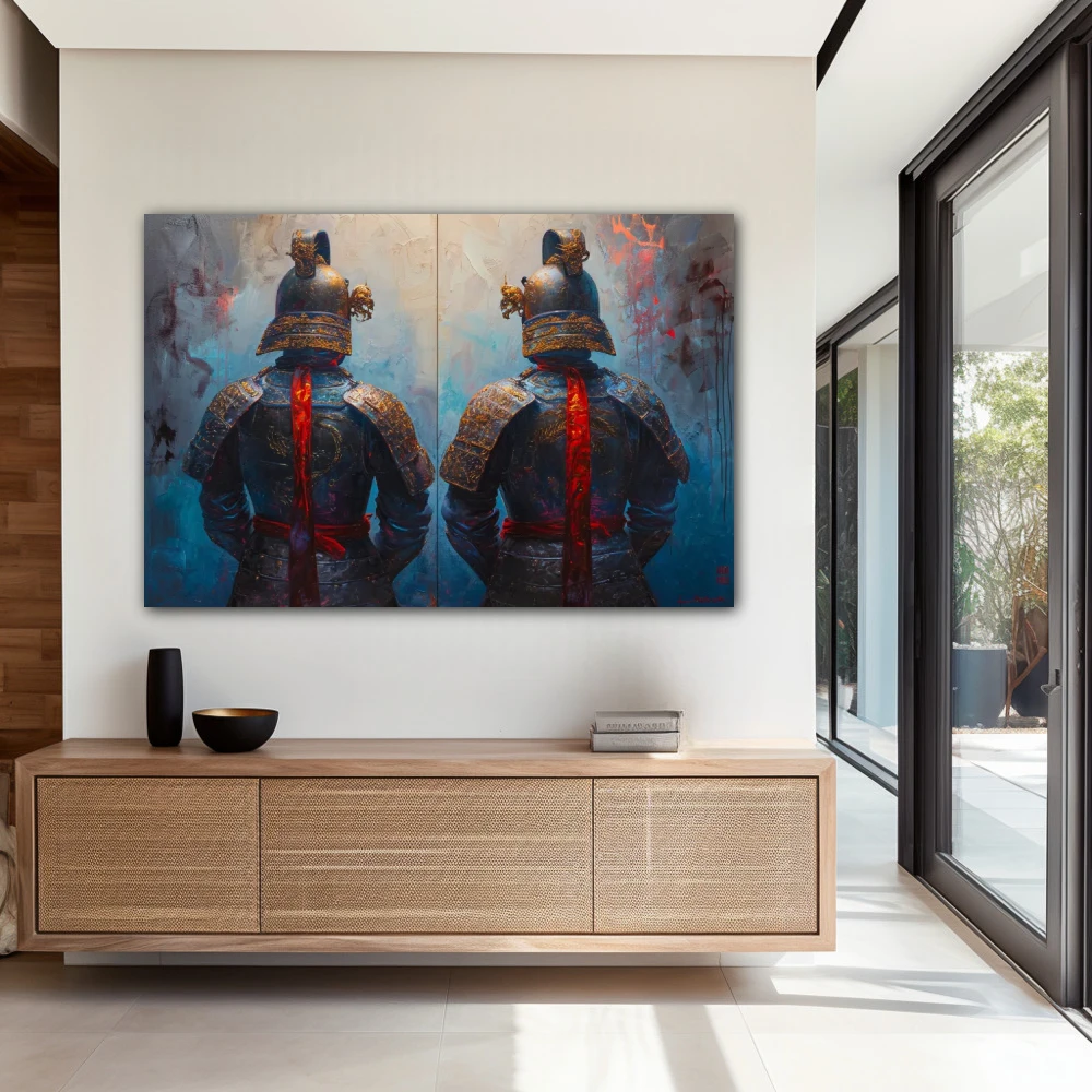 Wall Art titled: Eternal Guardians in a Horizontal format with: Blue, Sky blue, and Red Colors; Decoration the Entryway wall