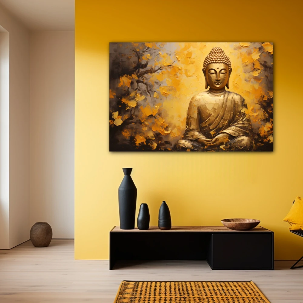 Cuadro sabiduría serena en formato horizontal con colores amarillo, dorado, mostaza; decorando pared amarilla