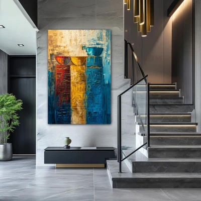 Cuadro hieróglifos de historia en formato vertical con colores azul, celeste, mostaza, rojo; decorando pared de escalera