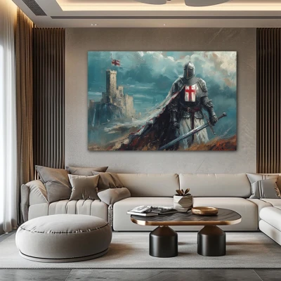 Wall Art titled: Before the Last Battle in a  format with: Blue, Grey, and Red Colors; Decoration the Above Couch wall