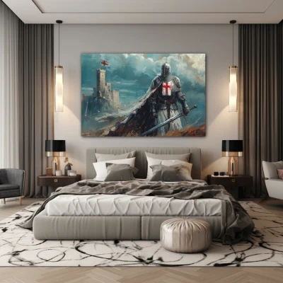 Wall Art titled: Before the Last Battle in a  format with: Blue, Grey, and Red Colors; Decoration the Bedroom wall