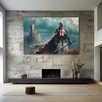 Wall Art titled: Before the Last Battle in a  format with: Blue, Grey, and Red Colors; Decoration the Stone Walls wall