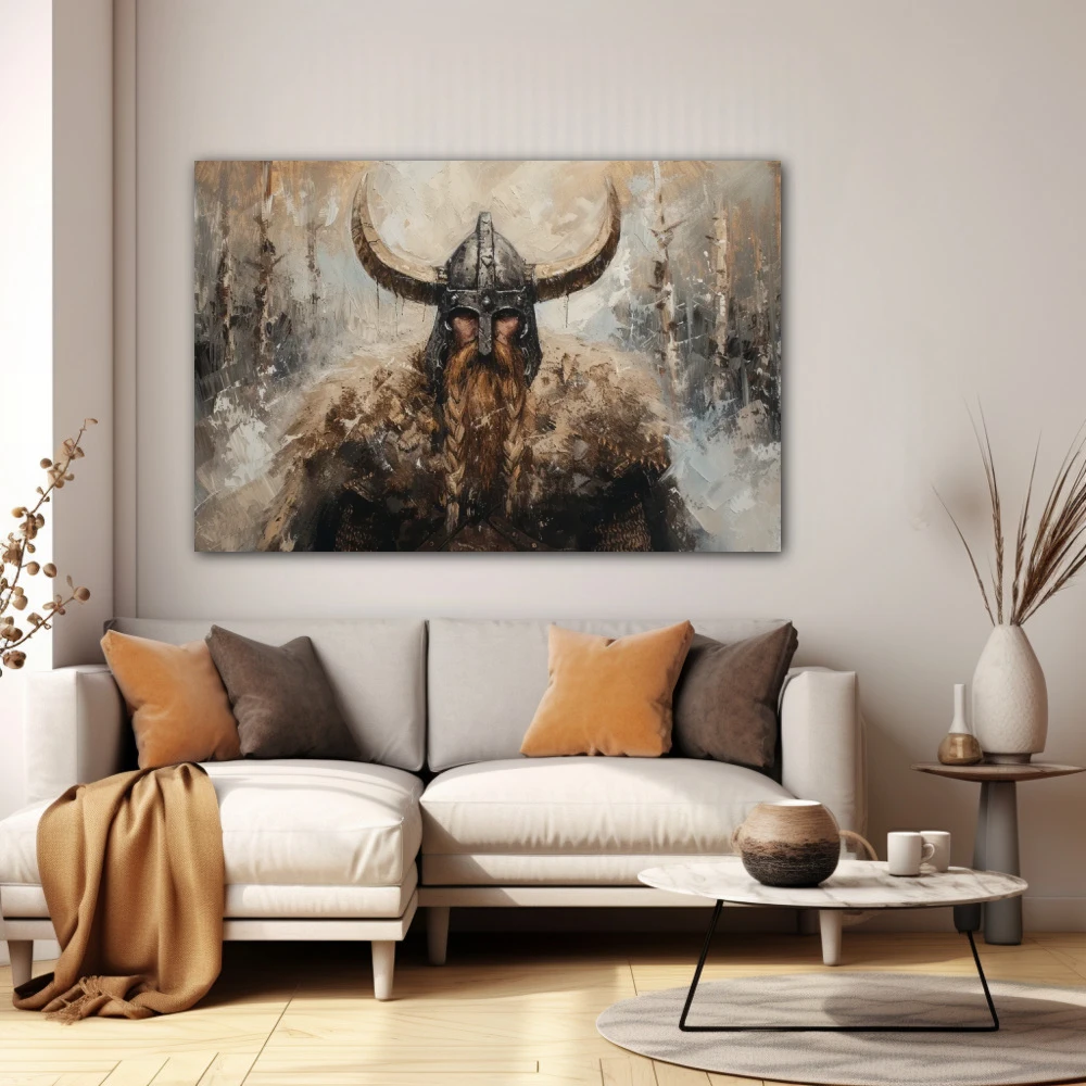 Cuadro ecos de ragnarök en formato horizontal con colores gris, monocromático; decorando pared blanca