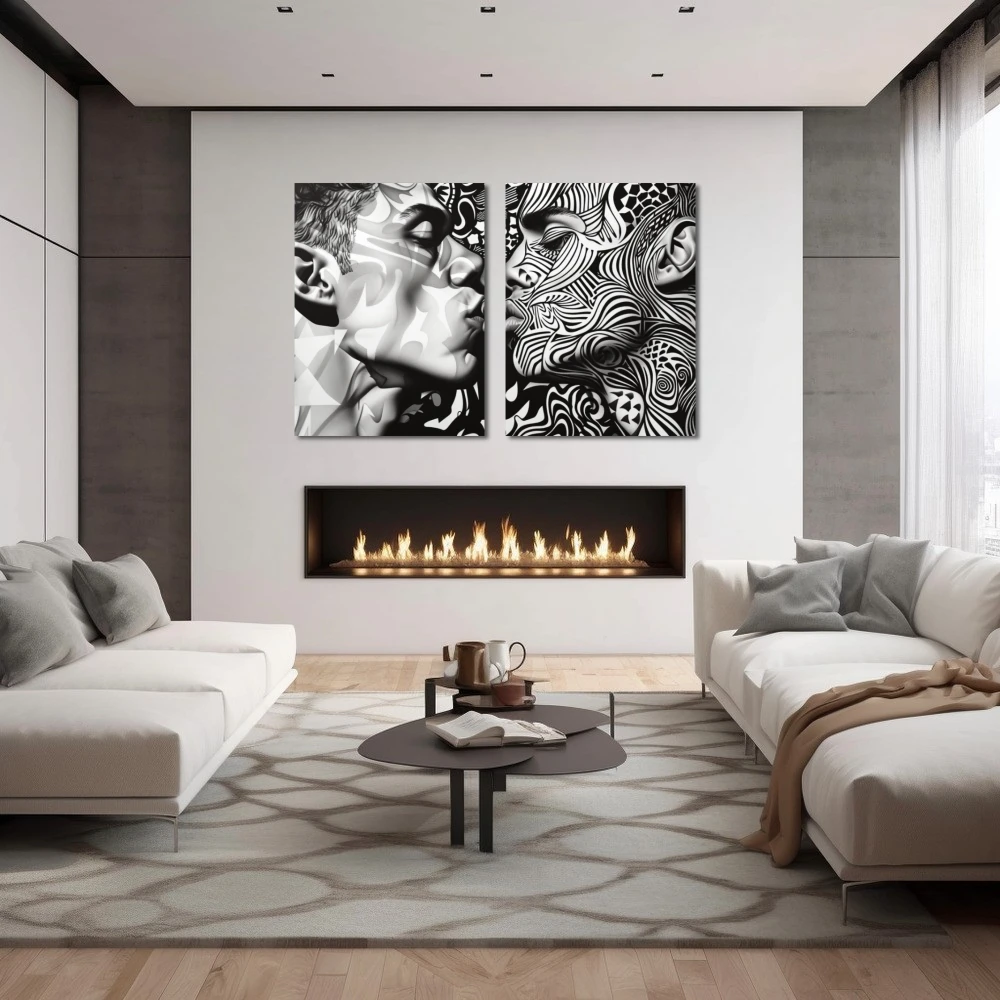 Wall Art titled: Labyrinth of Passions in a Horizontal format with: Black and White, and Monochromatic Colors; Decoration the Fireplace wall