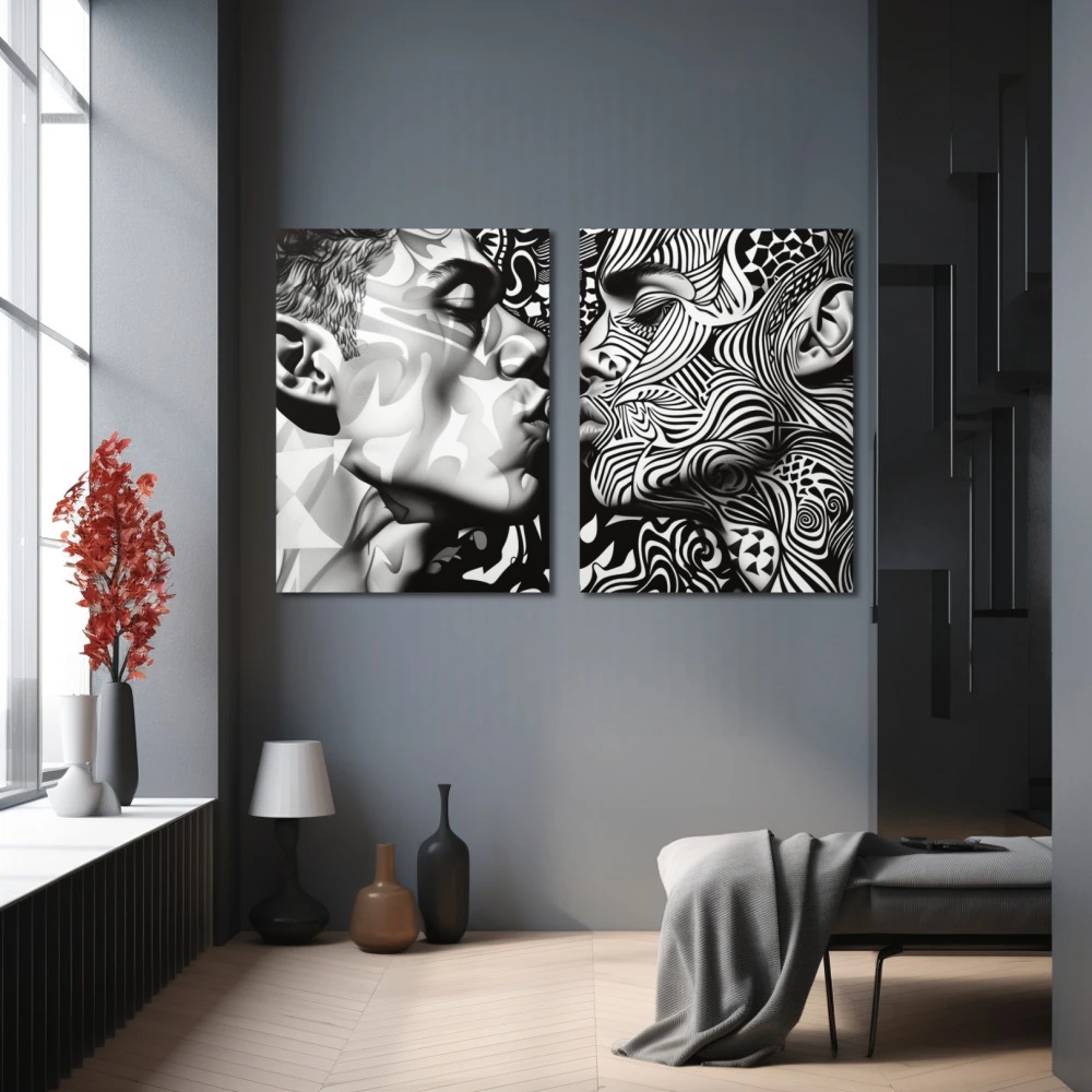 Wall Art titled: Labyrinth of Passions in a Horizontal format with: Black and White, and Monochromatic Colors; Decoration the Grey Walls wall