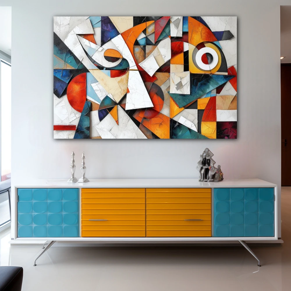 Wall Art titled: Fragmented Harmony in a Horizontal format with: white, Orange, and Vivid Colors; Decoration the Sideboard wall