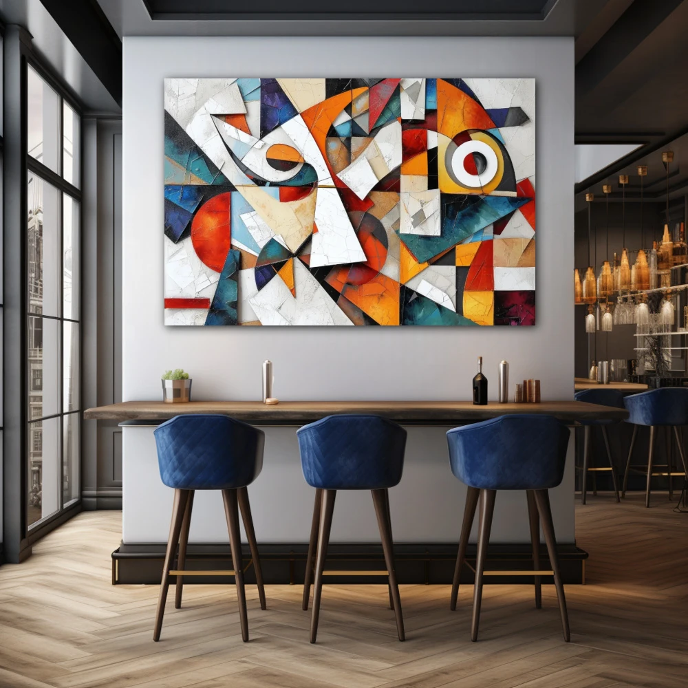 Wall Art titled: Fragmented Harmony in a Horizontal format with: white, Orange, and Vivid Colors; Decoration the Bar wall