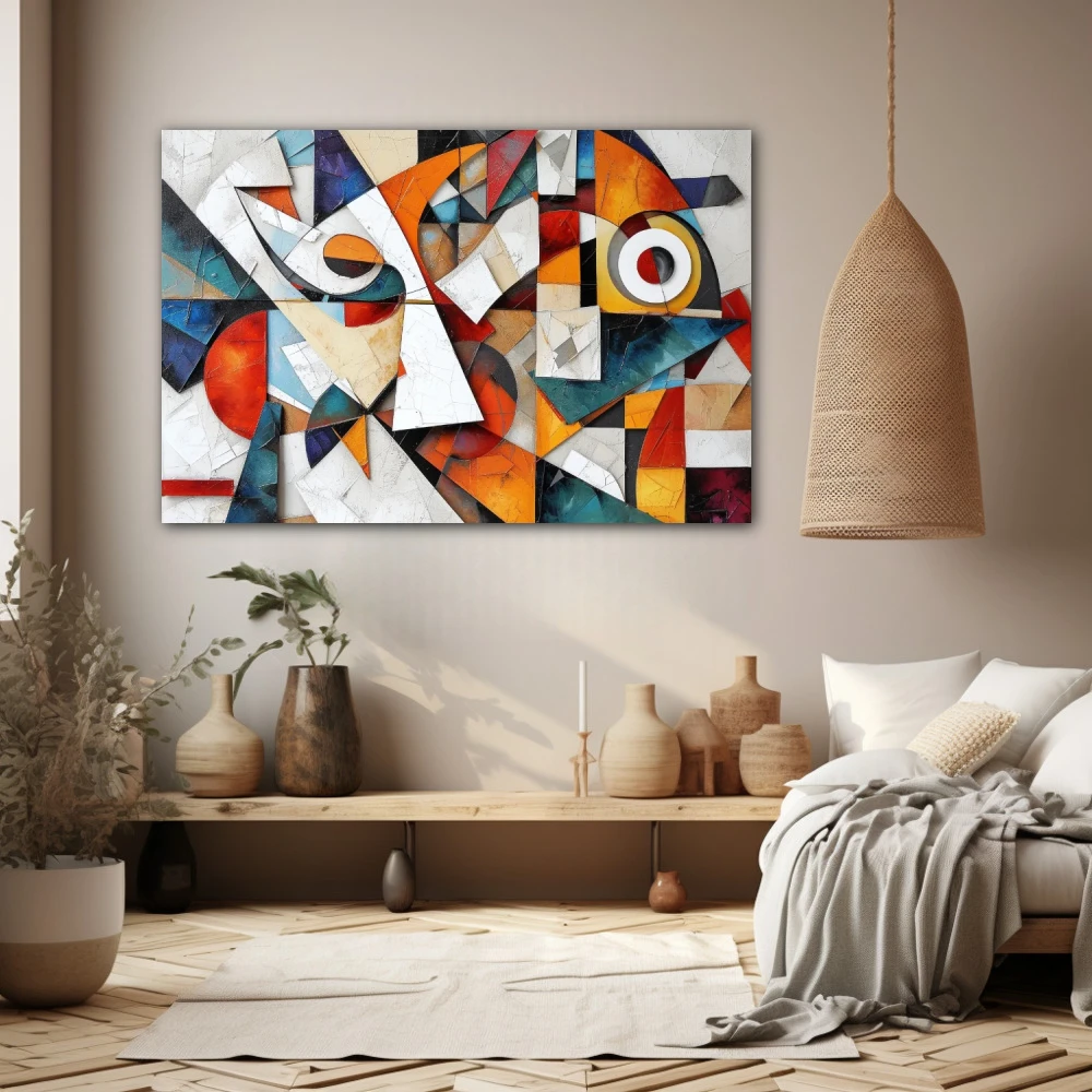 Wall Art titled: Fragmented Harmony in a Horizontal format with: white, Orange, and Vivid Colors; Decoration the Beige Wall wall