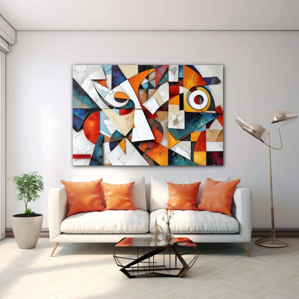 Wall Art titled: Fragmented Harmony in a Horizontal format with: white, Orange, and Vivid Colors; Decoration the White Wall wall