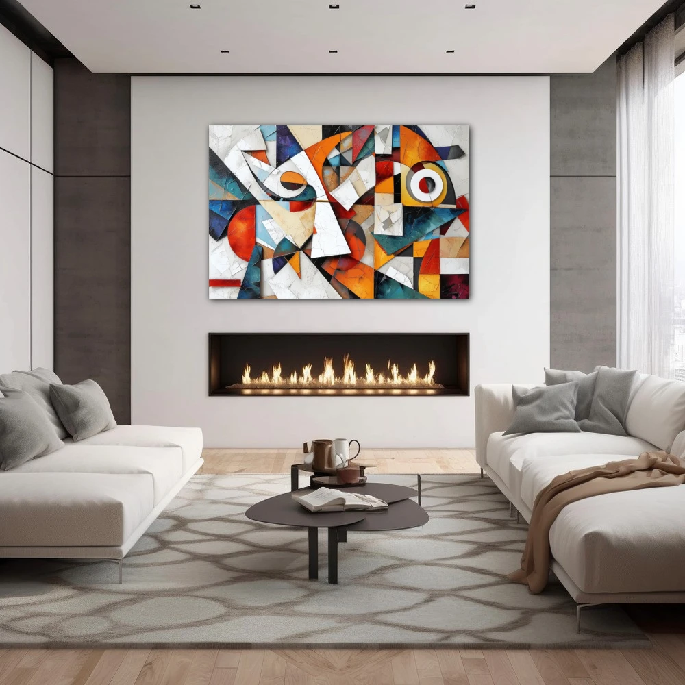 Wall Art titled: Fragmented Harmony in a Horizontal format with: white, Orange, and Vivid Colors; Decoration the Fireplace wall