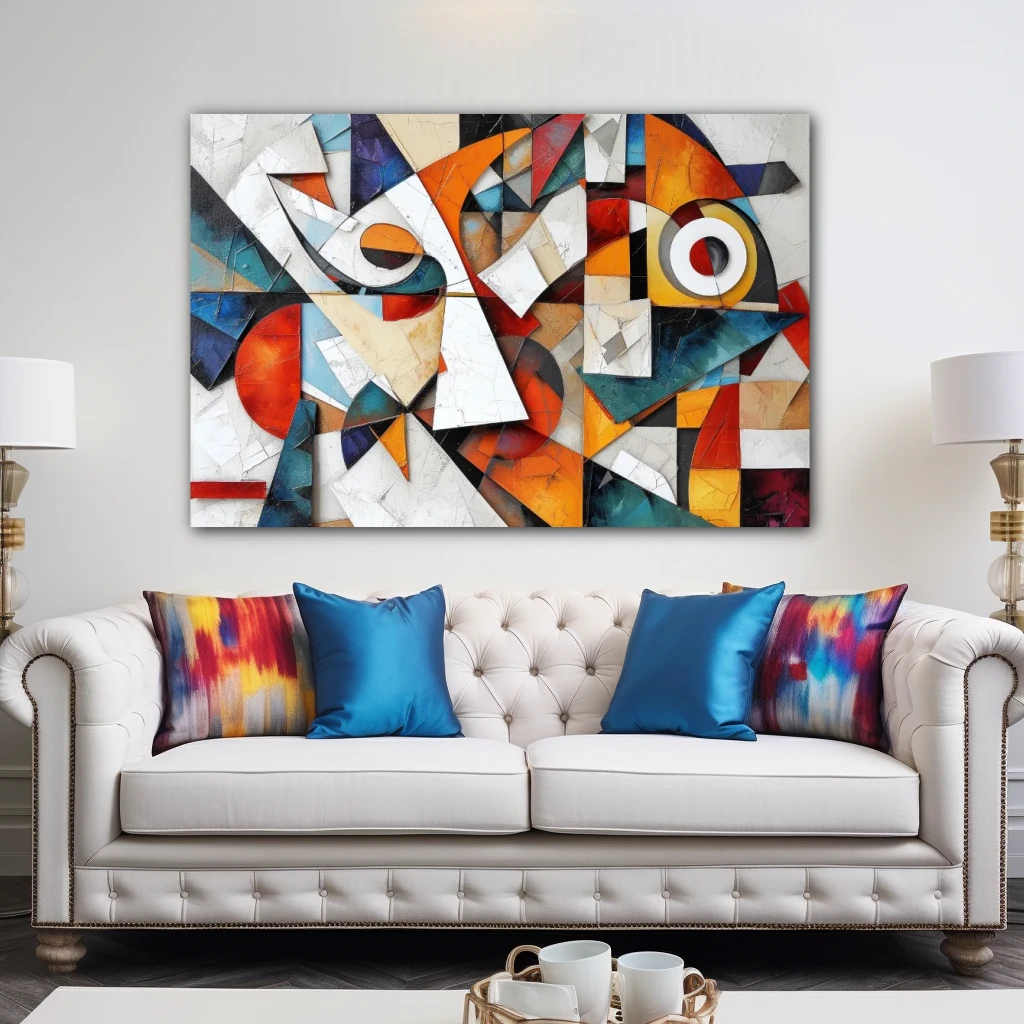 Wall Art titled: Fragmented Harmony in a Horizontal format with: white, Orange, and Vivid Colors; Decoration the Above Couch wall